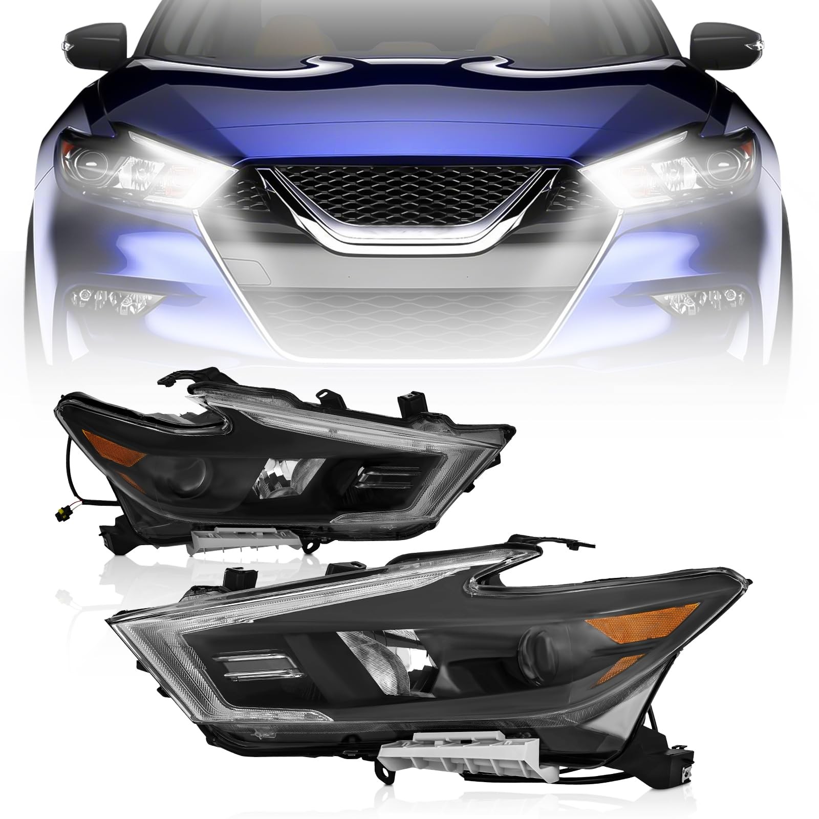 2016-2018 Nissan Maxima Halogen Headlight LED DRL Projector Black Pair NI2502235