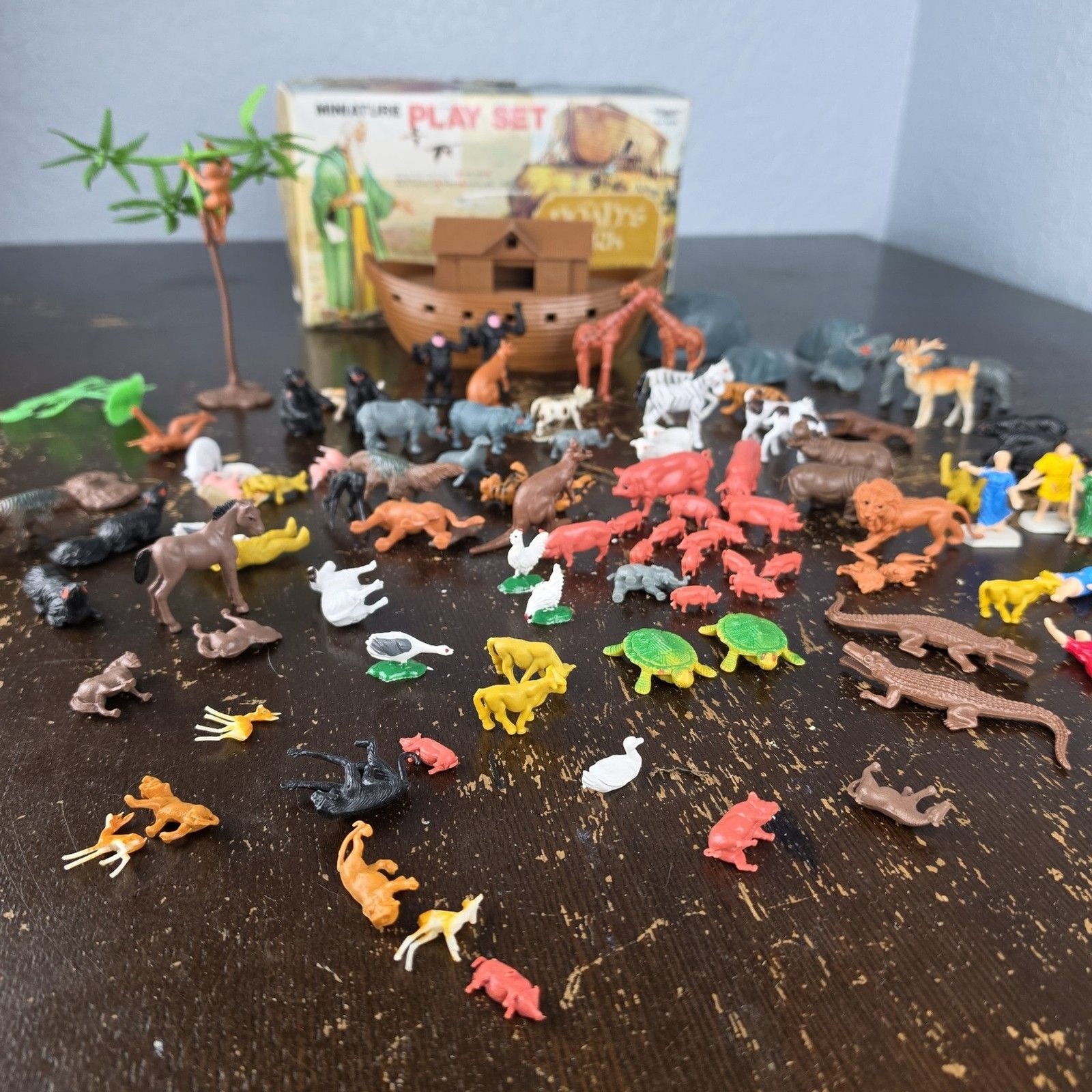 Vintage Noah's Ark Miniature Play Set w/ Family, Domestic & Wild Animals Tree