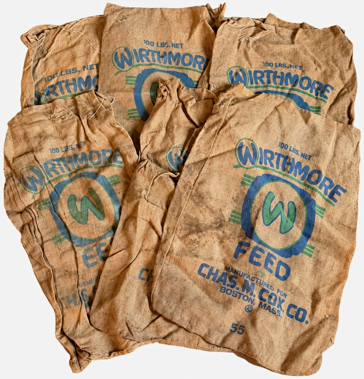 Lot of 6 Vintage Wirthmore Feed Sacks 100 LB Chas M Cox Boston Burlap Farmhouse