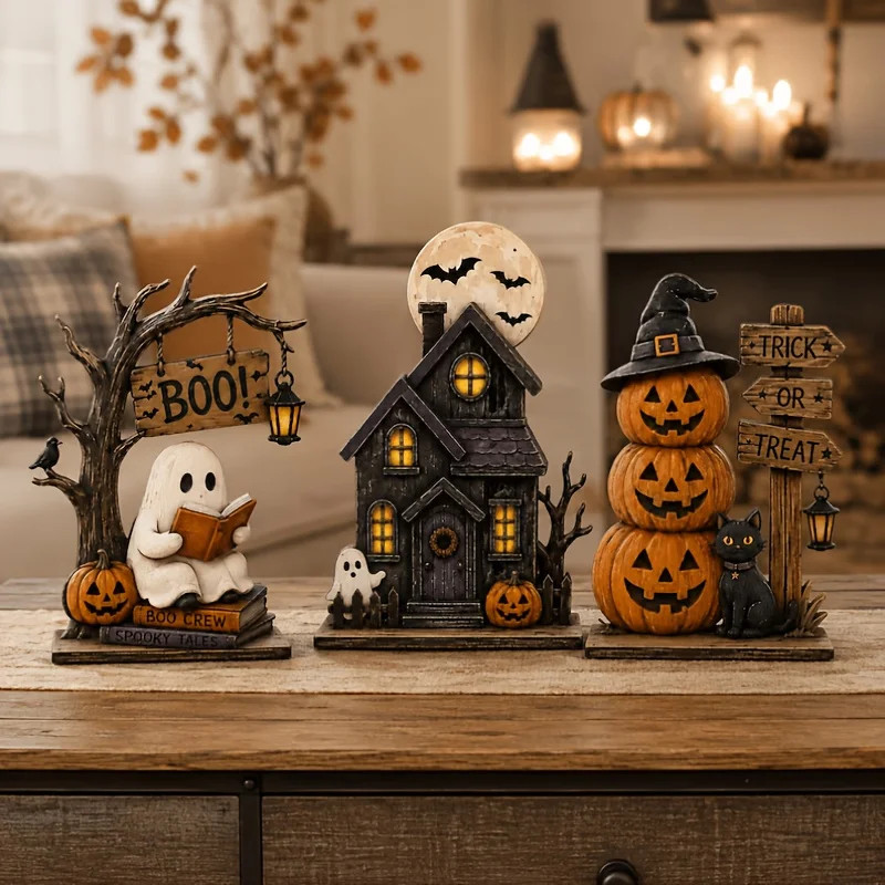 3pcs Vintage Halloween Wooden Blocks Ghost Cat Pumpkin Shelf Decor