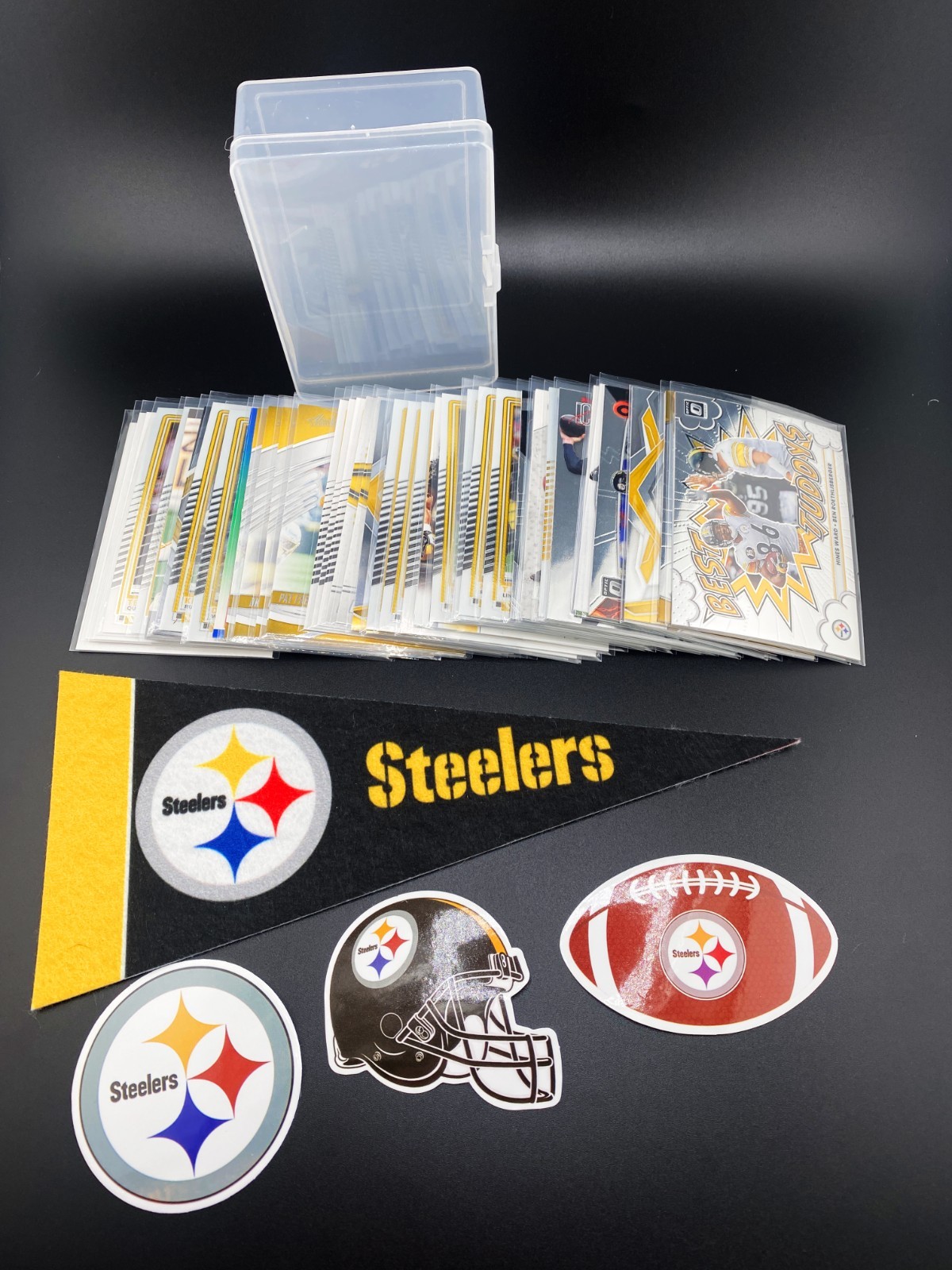 Pittsburg Steelers Team Card Lot - 45 Total Cards + 3 Stickers + 1 Team Flag