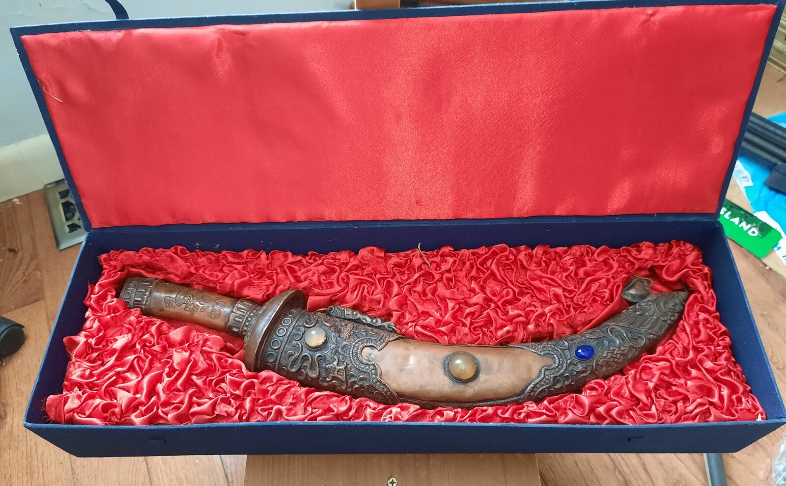 Chinese Tibetan ceremony knife & box Gem Brass vintage