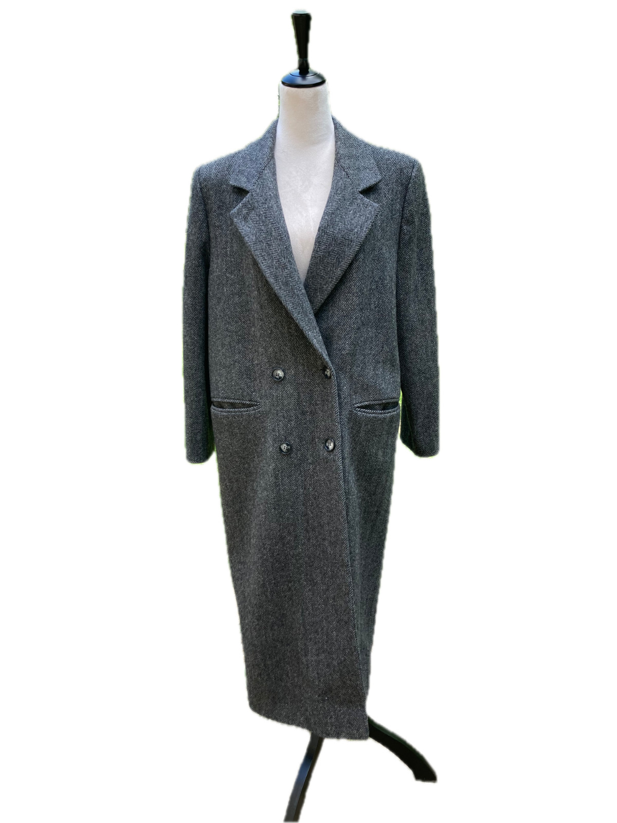 Vintage Karen Gray Wool Double Breasted Maxi Coat Lined Womens USA Chevron