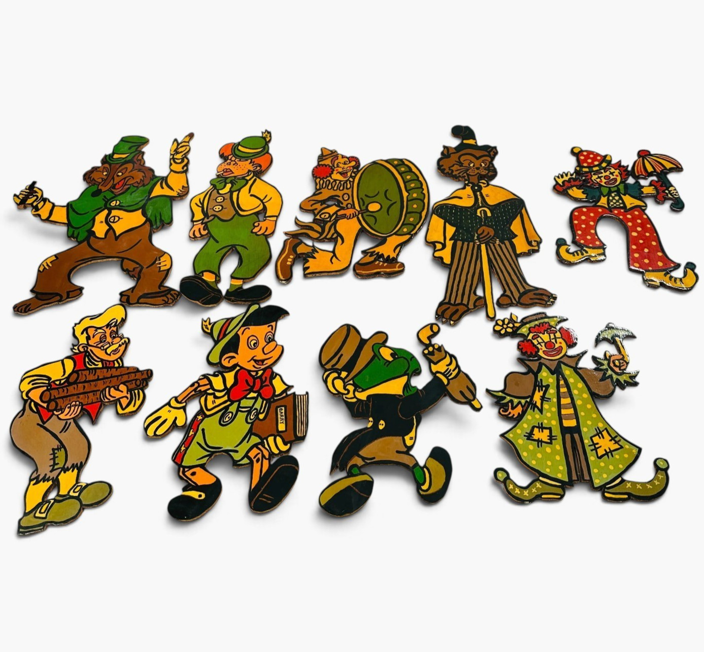 Vtg Hand Painted Wood Wall Cutouts Set of 9 Pinocchio Big Bad Wolf Clowns 1950s