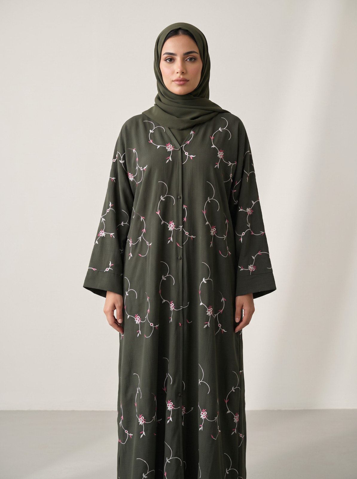 Women’s Green Embroidered Abaya Full Length Modest Dress with Matching Hijab