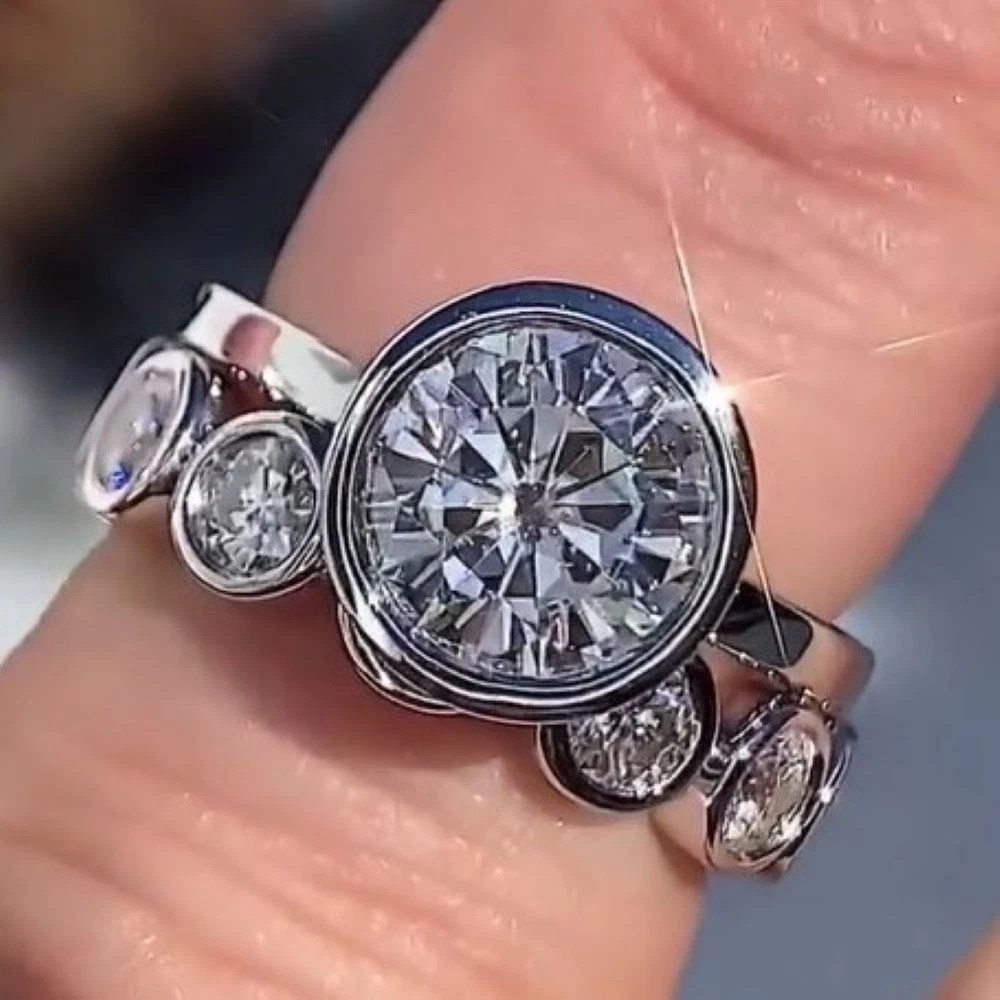 2CT Real Moissanite Round Bezel Engagement Wedding Ring 14K White Gold Plated