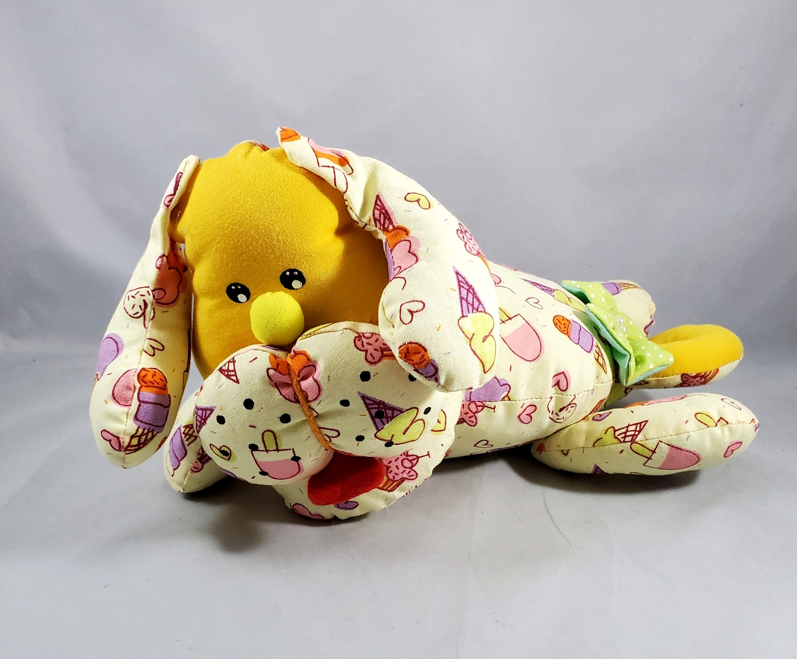 Hand Sewn Dog Puppy Plush Yellow Icecream Cupcake Heart w/Bows Cotton Fabric