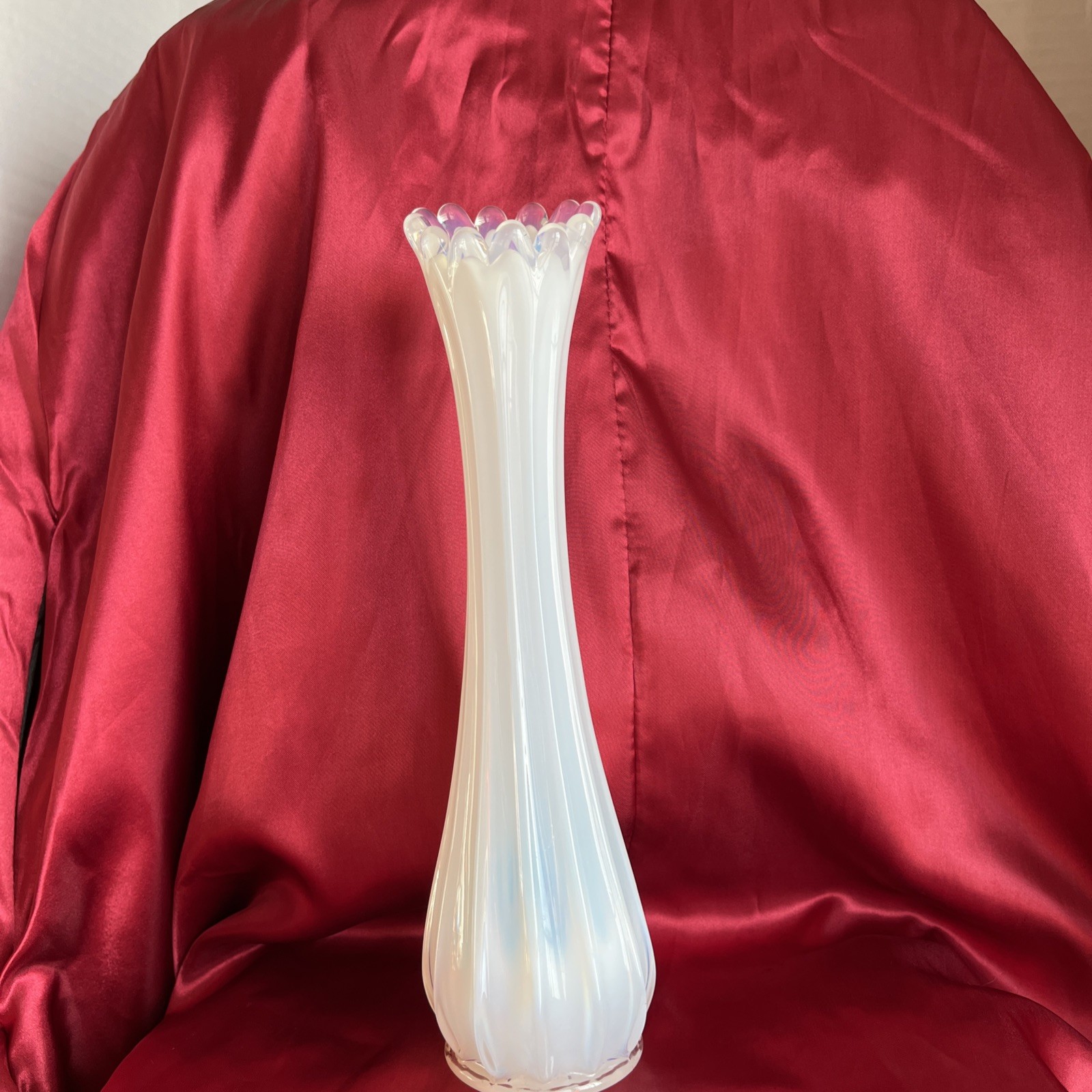 Vintage Fostoria Heirloom White Opalescent Swung Vase w/Scalloped And Fluted Rim
