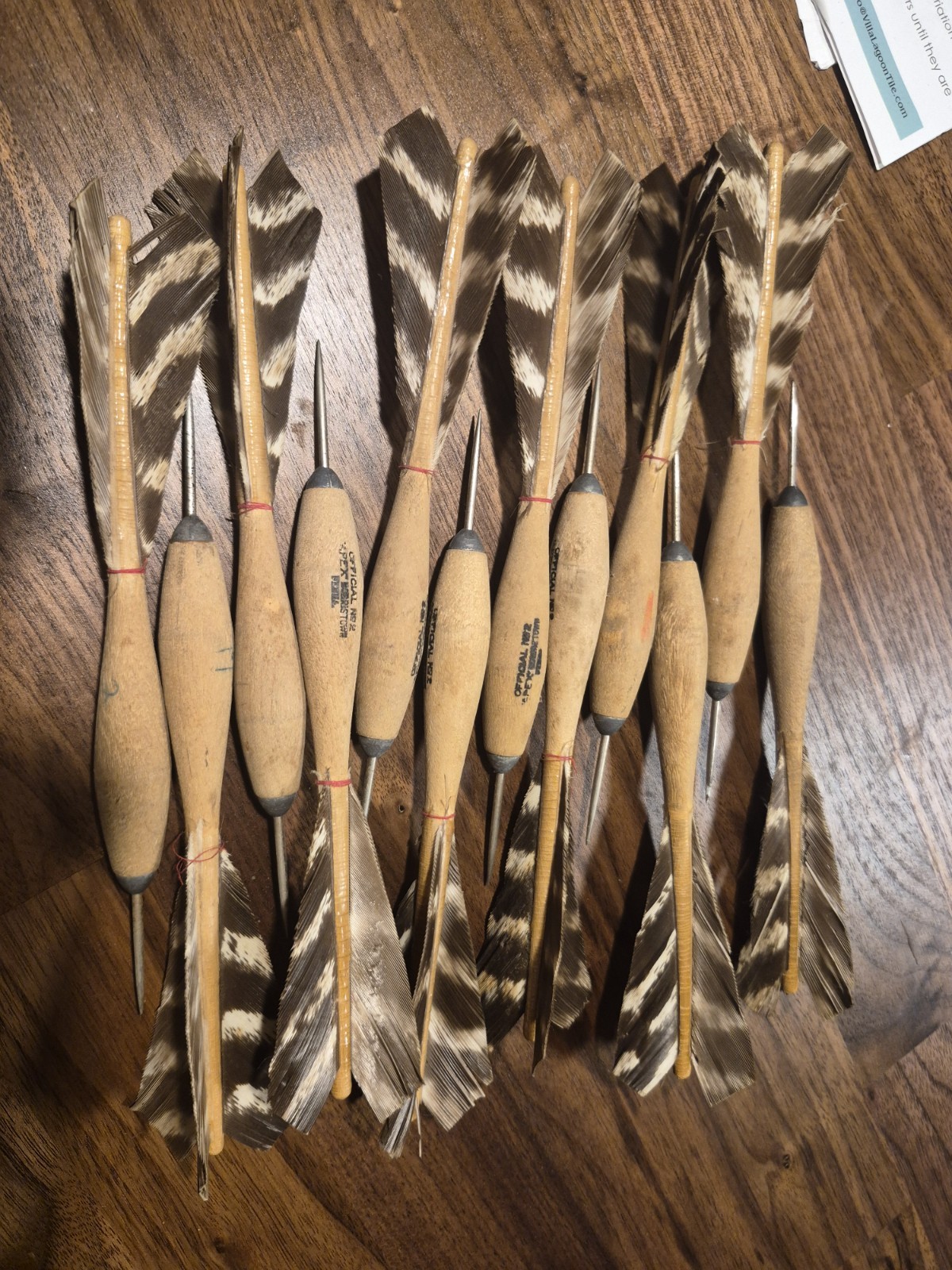 Vintage Apex Official No 2 Wooden Darts Turkey Feather Flights Steel