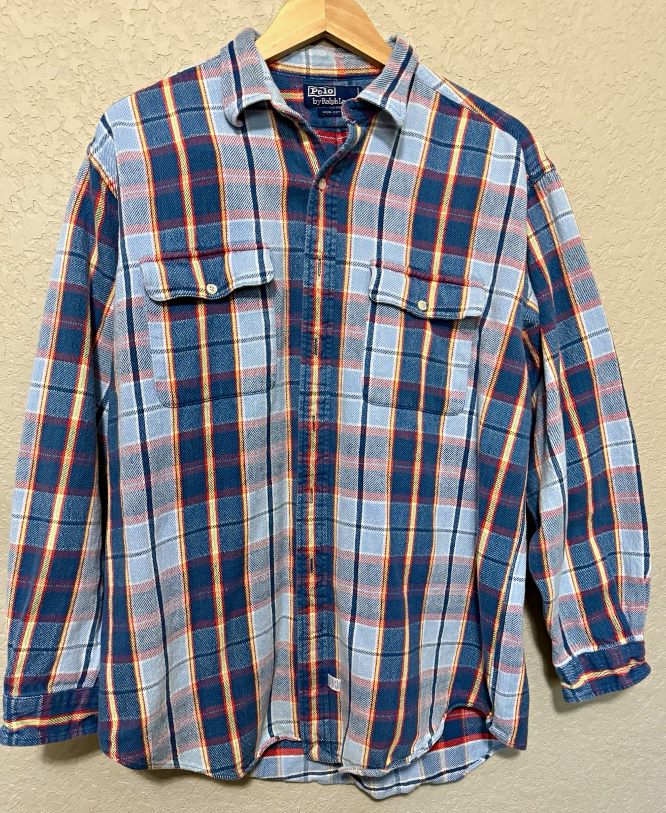 Vintage Polo by Ralph Lauren Men\'s L Plaid Flannel Cotton double Shirt Pockets