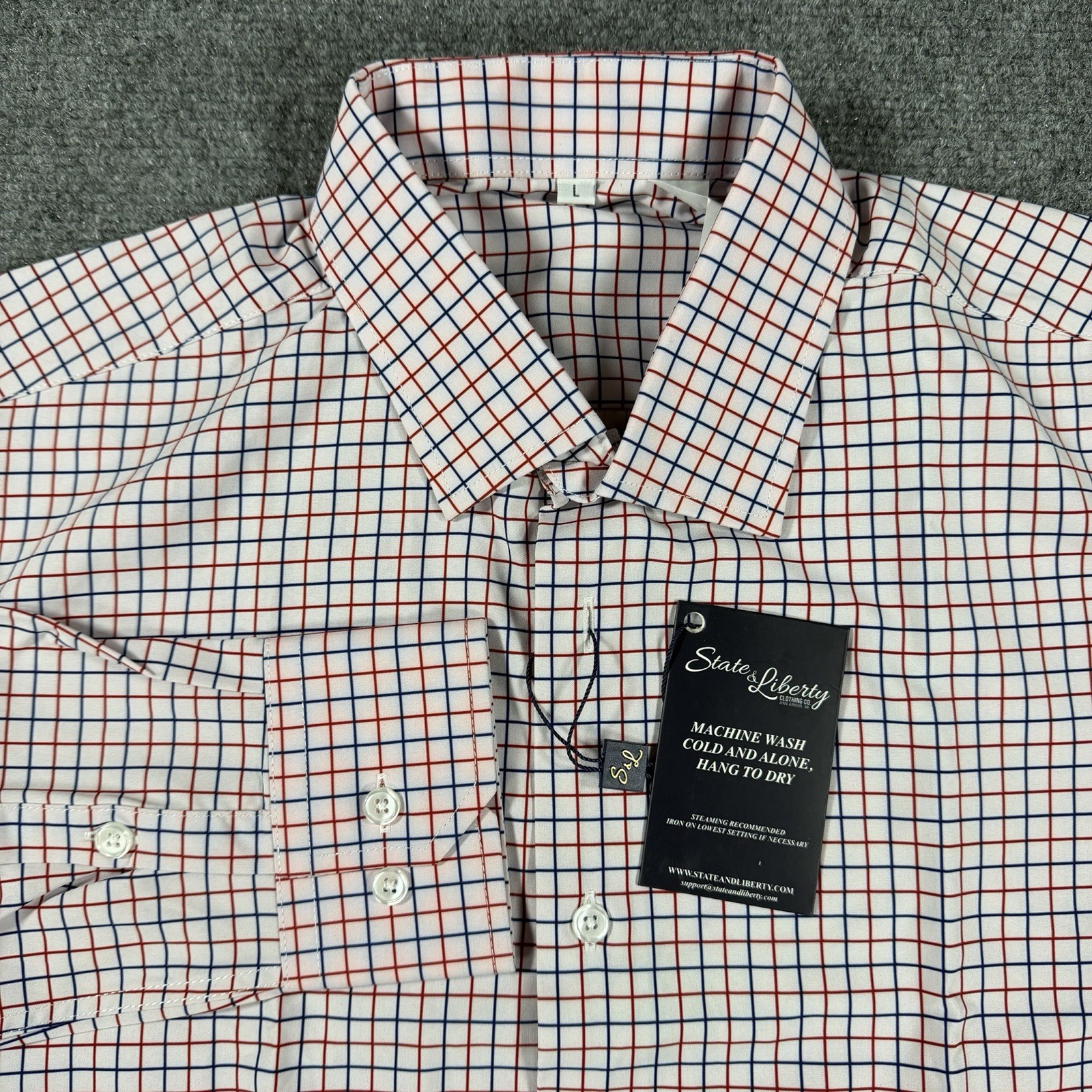 State And Liberty Shirt Mens Large Windowpane Check Blue Red Stretch NEW State And Liberty Shirt Mens Large Windowpane Check Blue Red Stretch NEW