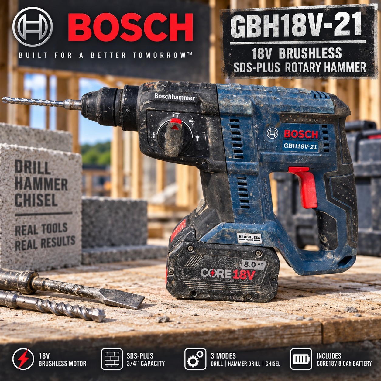Bosch GBH18V-21 18V Brushless SDS Plus Rotary Hammer + CORE 8.0Ah Battery Bosch GBH18V-21 18V Brushless SDS Plus Rotary Hammer + CORE 8.0Ah Battery