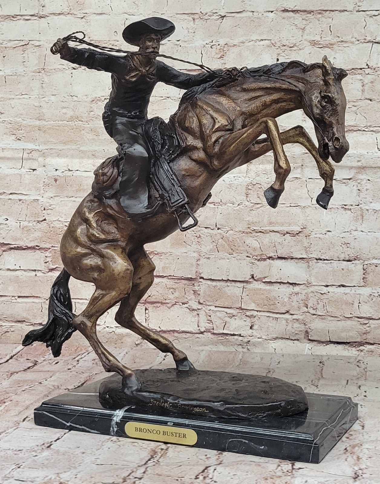 Large Frederick Remington Bronze Sculpture Bronco Buster on Marble Stand Figure