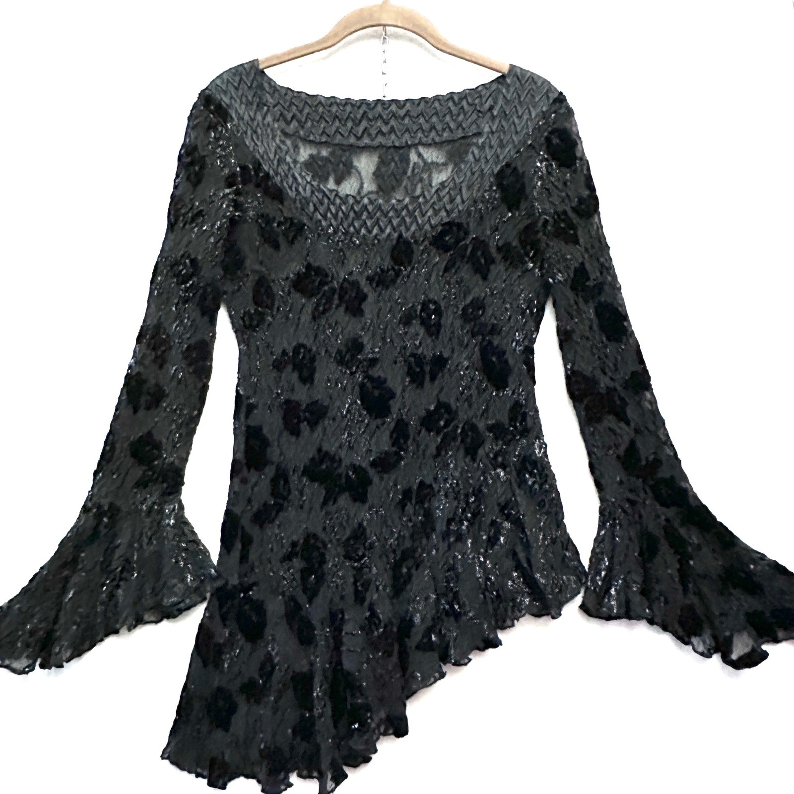 Y2K Velvet Burnout Asymmetrical Handkerchief Blouse Top Crinkle Texture Witchy