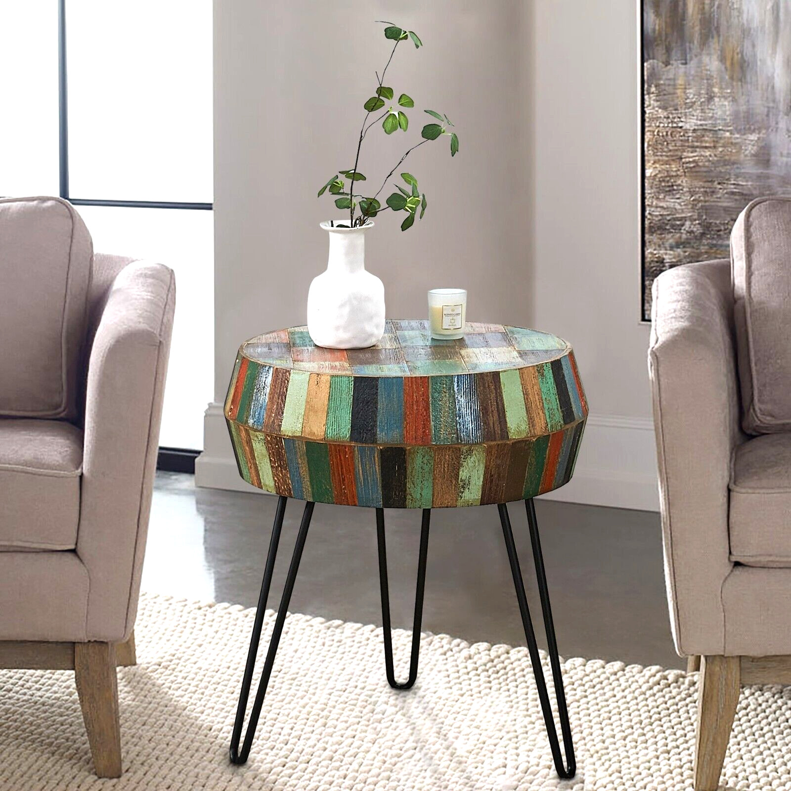 GREENAGE Reclaimed Wood End Table Side Table Nightstand Round 3D Round 23.5