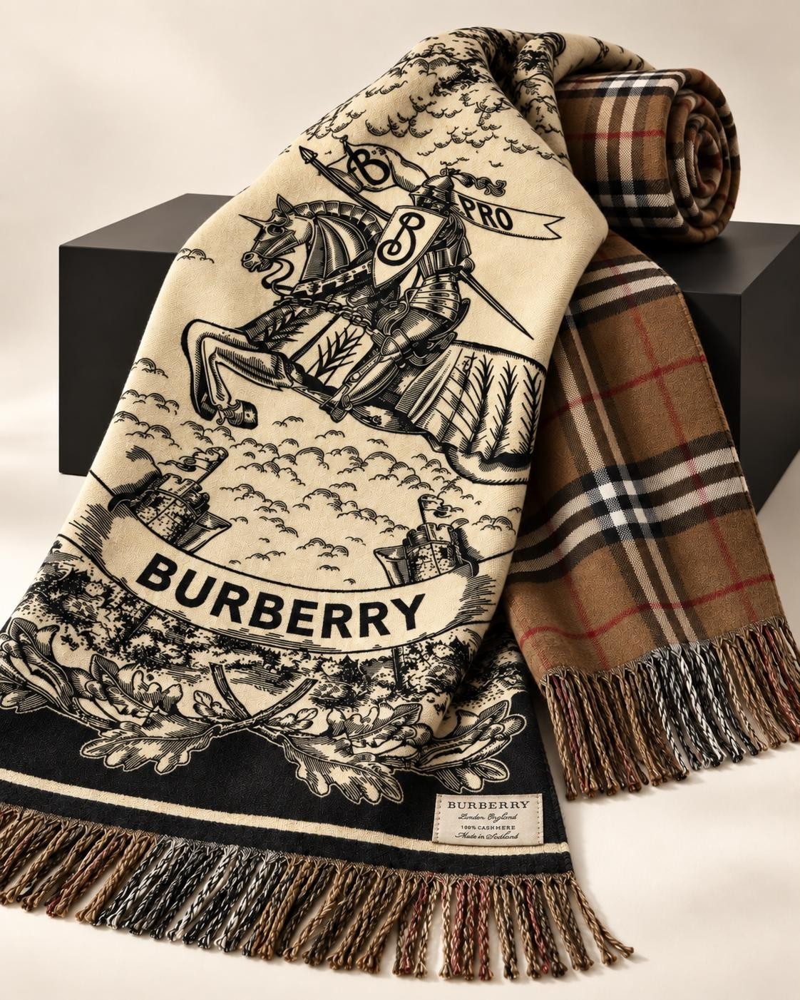 Burberry Reversible 100% Cashmere Oversized Scarf Knight Plaid Fringe Scotland (