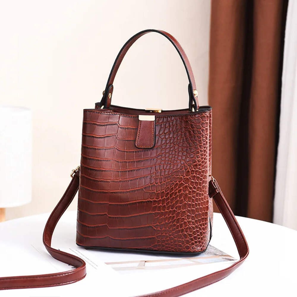 Vintage Stone Leather Handbag Shoulder Crossbody Bags Fashion Female Bucket Bag