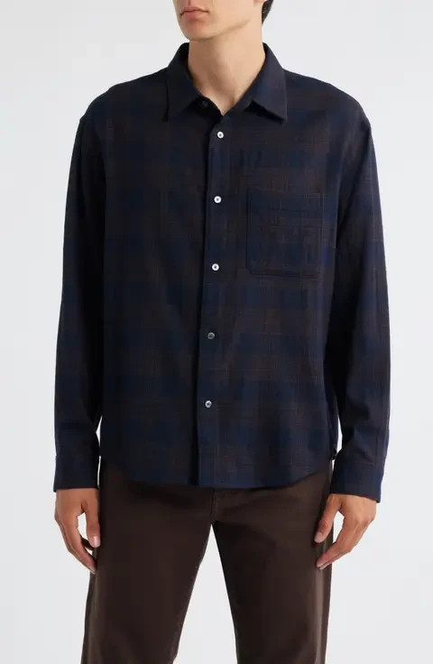FRAME Shirt Mens Large Navy Burgundy Plaid 100% Wool Flannel Pocket $268