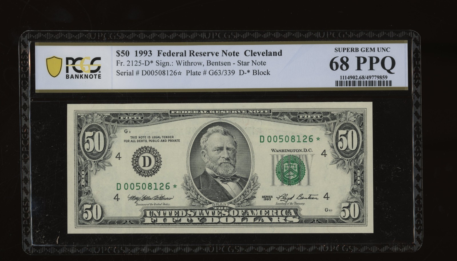 DBR 1993 $50 Cleveland STAR Fr. 2125-D* SuperGem PCGS-B 68 PPQ Serial D00508126*