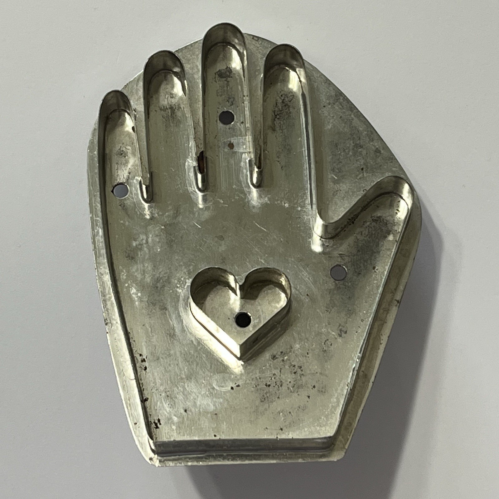 Antique Soldered Metal Tin HEART IN HAND Cookie Cutter Antique Soldered Metal Tin HEART IN HAND Cookie Cutter