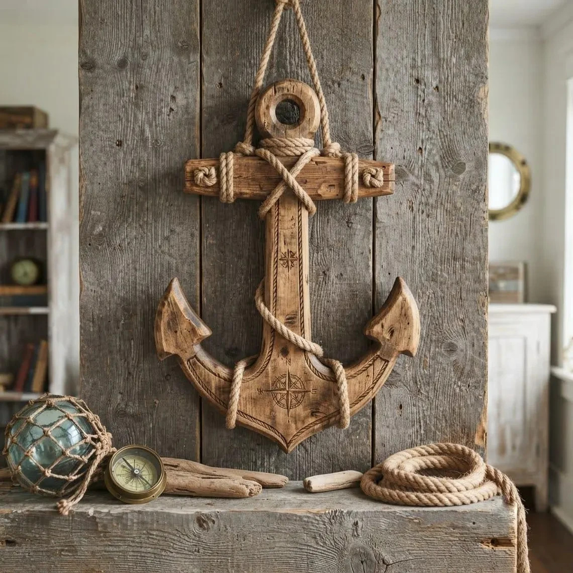 Handcrafted Wooden Anchor Wall Hanging, Rustic Nautical Decor, Large Wood Anchor