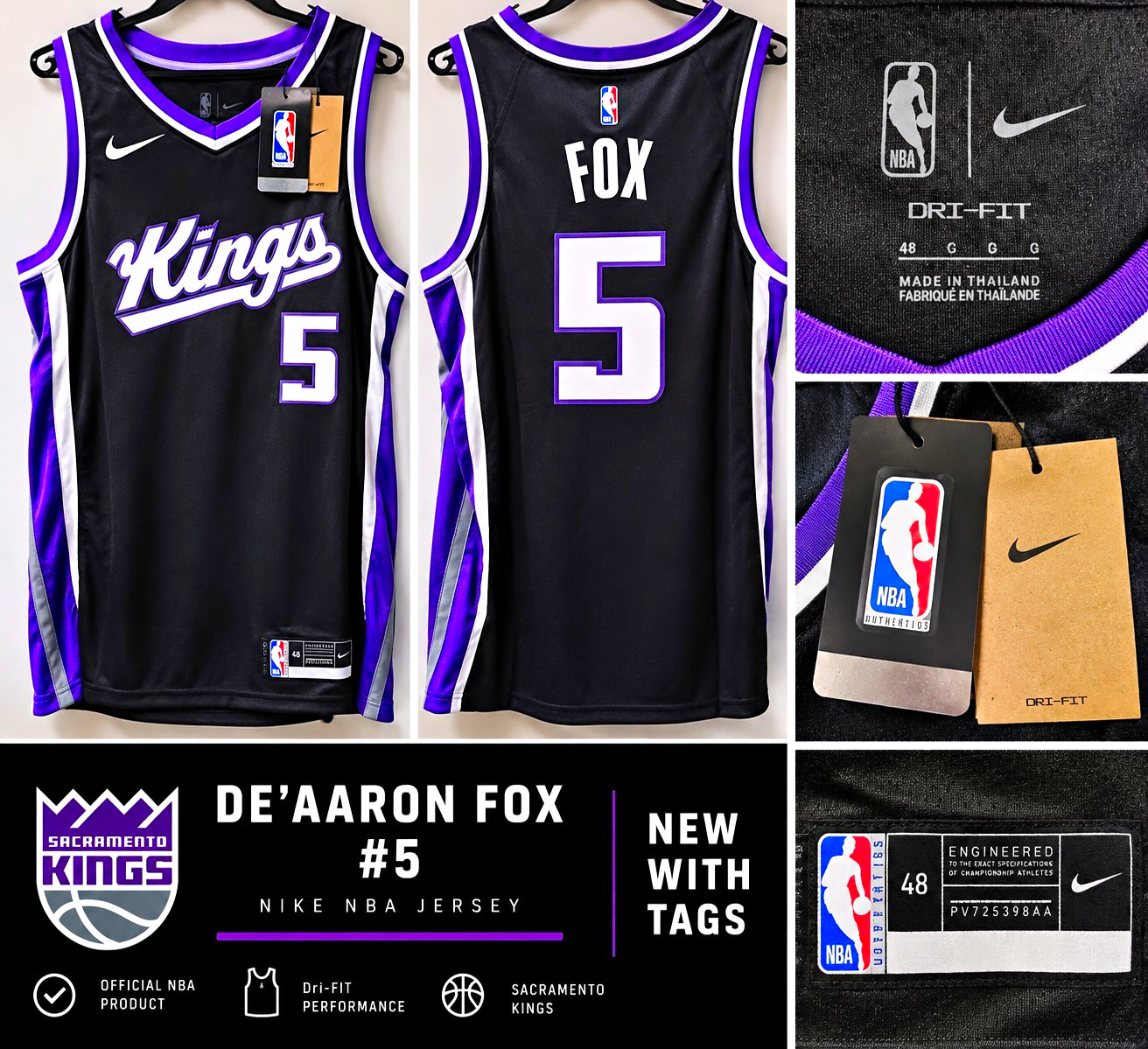 Nike De\'Aaron Fox #5 Sacramento Kings NBA Jersey Black Men\'s L 48 NWT Nike De\'Aaron Fox #5 Sacramento Kings NBA Jersey Black Men\'s L 48 NWT
