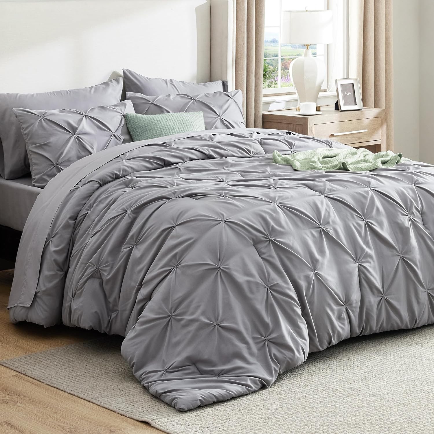 7PC Comforter Sheet Set Bed in a Bag Pinch Pleat Full Queen King Bedding