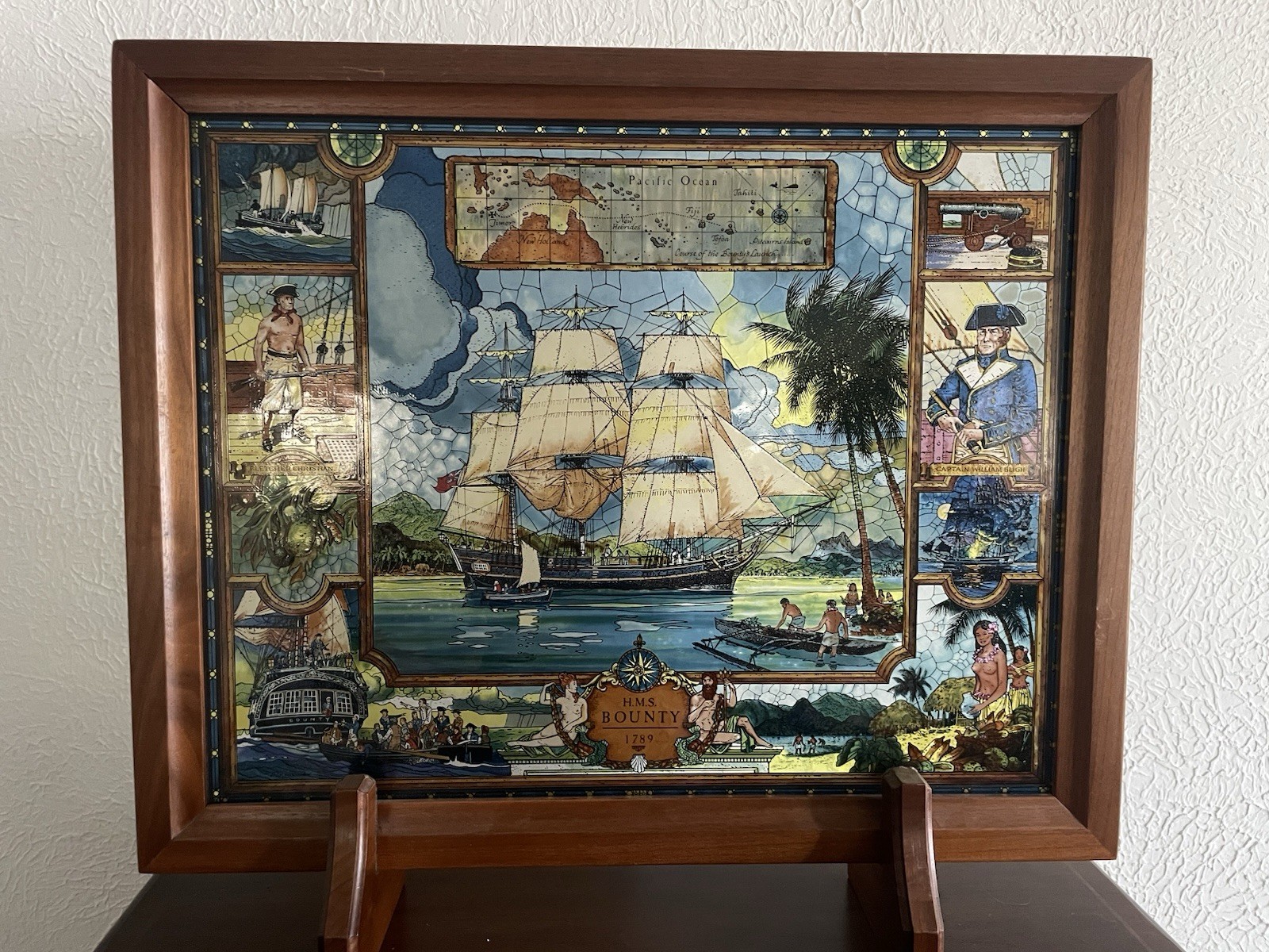Vintage Rare Glassmasters H.M.S. Bounty 1789 Framed Stained Glass + Display Feet
