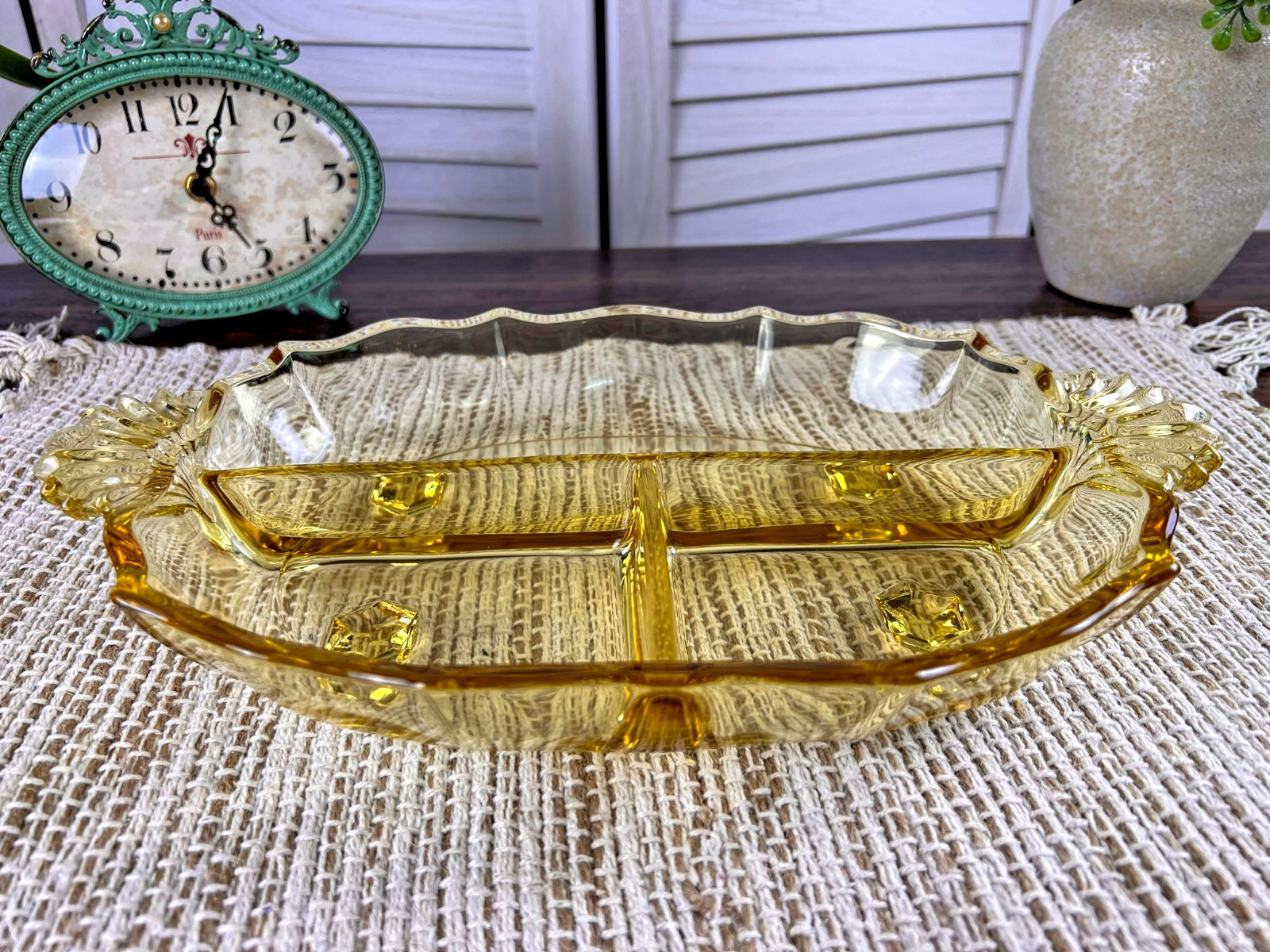 Vintage Fostoria Baroque Topaz 3-Part Handled Relish Dish – 1937–1943