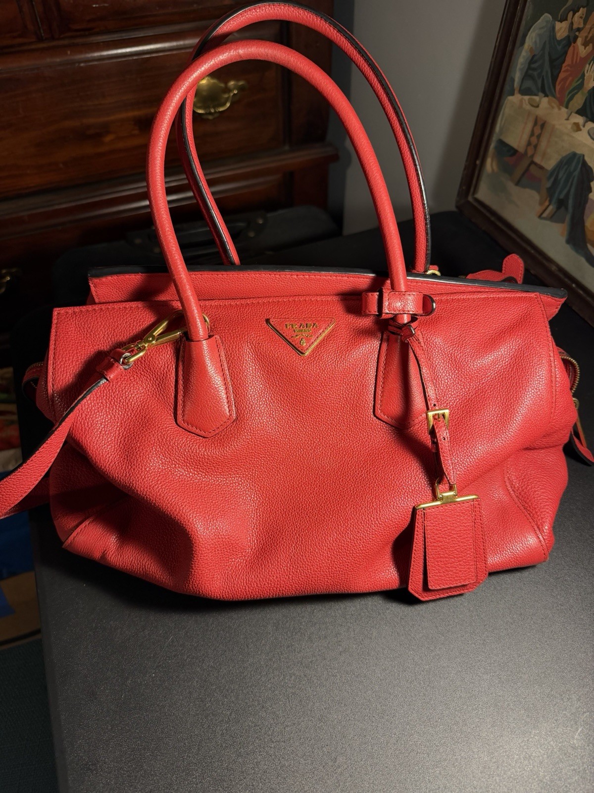 PRADA Big Red Calfskin Leather Pebbled Vitello Daino Convertible Handbag Retired PRADA Big Red Calfskin Leather Pebbled Vitello Daino Convertible Handbag Retired