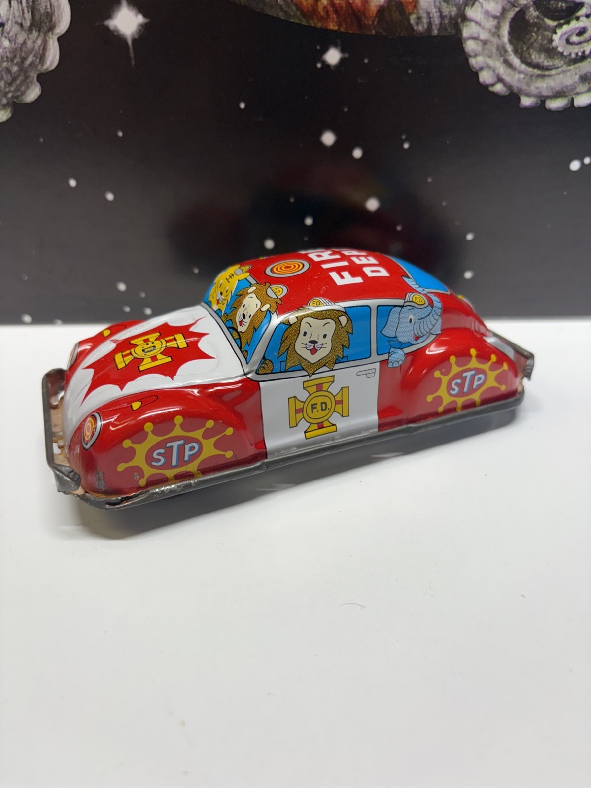 VTG 1960s Volkswagen Beetle Fire Dept VW Kashiwai Tin Toy STP Roadrunner Japan