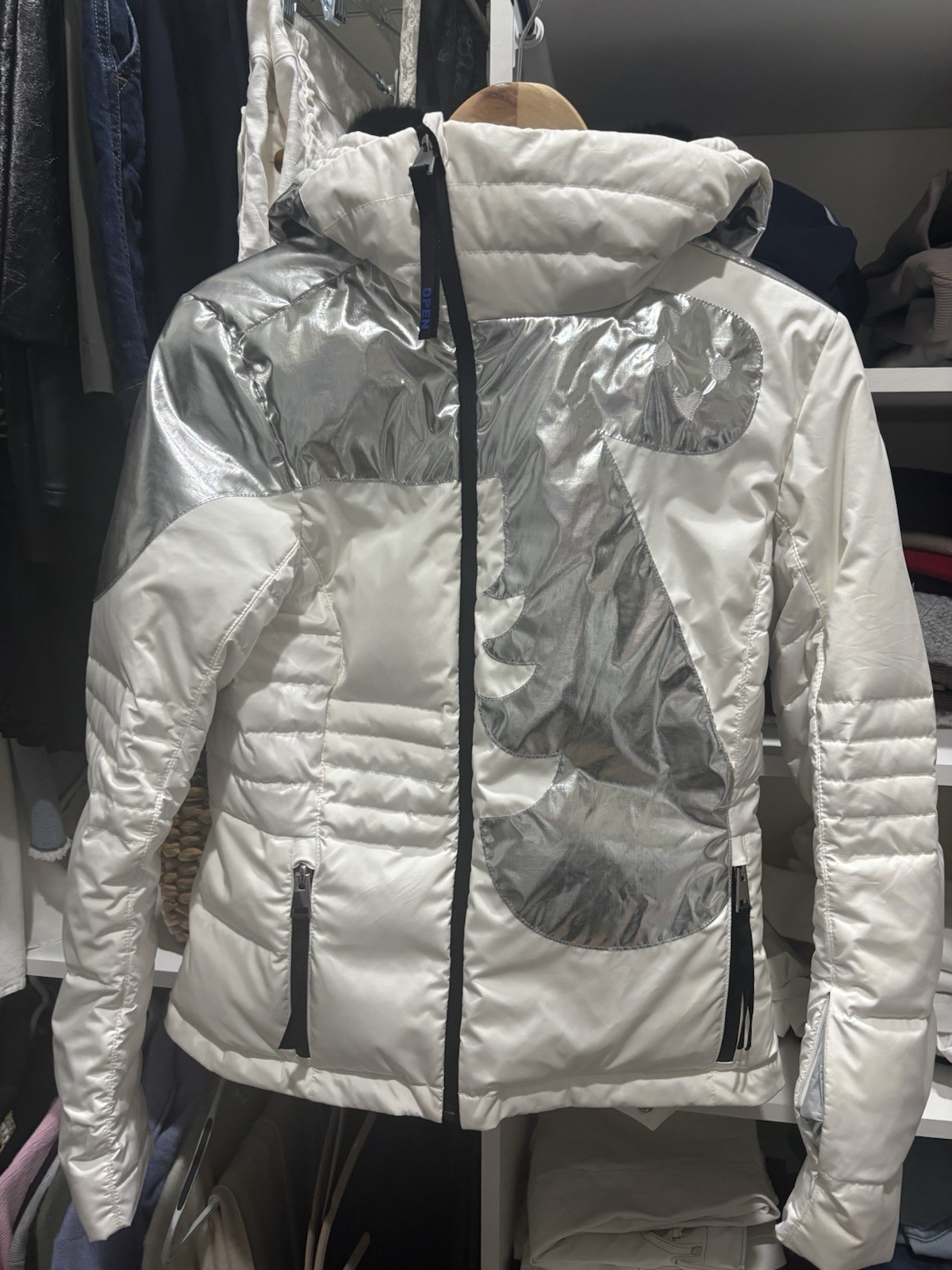Rossignol JCC x Skyinski Women\'s White Silver Ski Jacket Hooded Zip Mid-Length