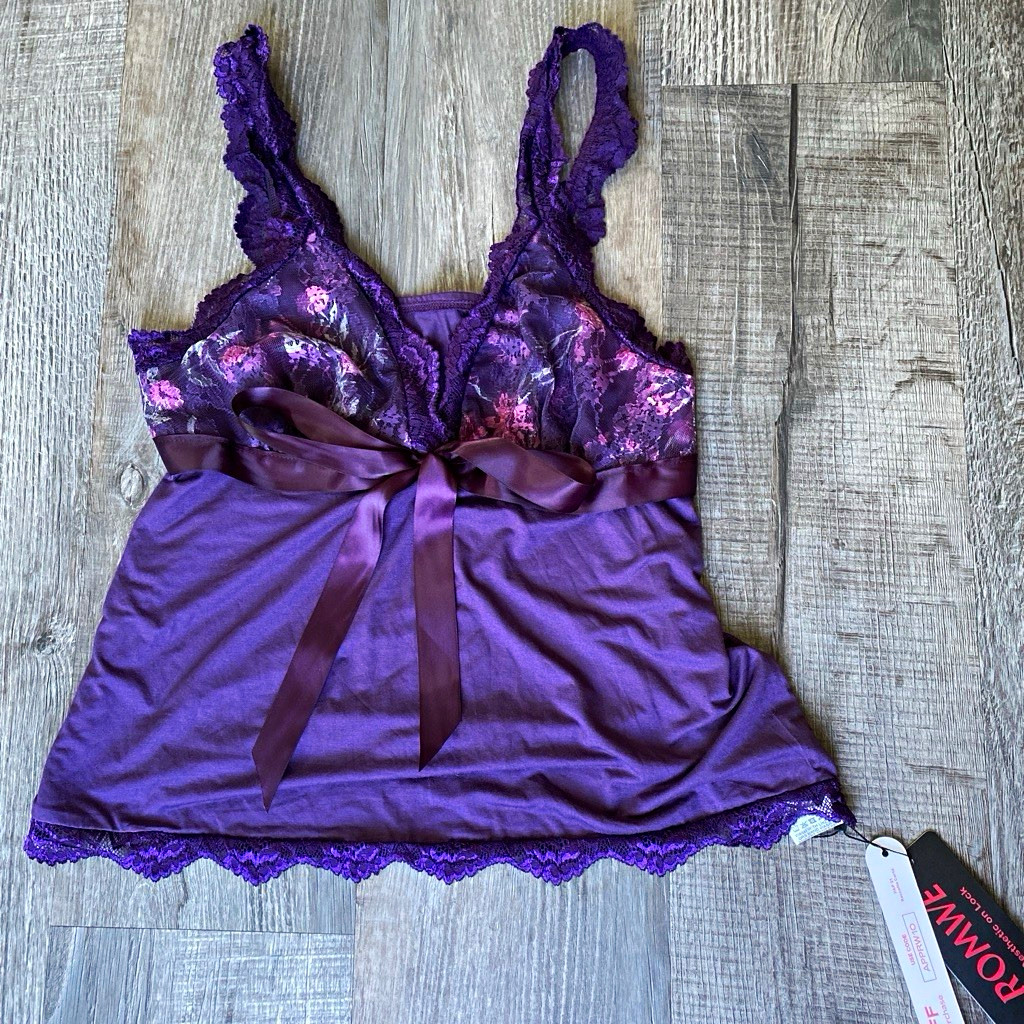 ROMWE Purple Floral Lace Bow Camisole Top Women\'s Regular Size L Fairy Whimsy