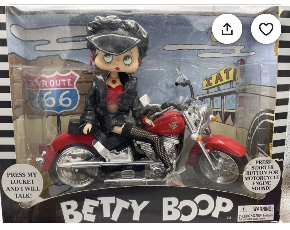 BIKER BETTY BOOP ON MOTORCYCLE WITH FRINGE LEATHER PANTS FROM 1999, Read