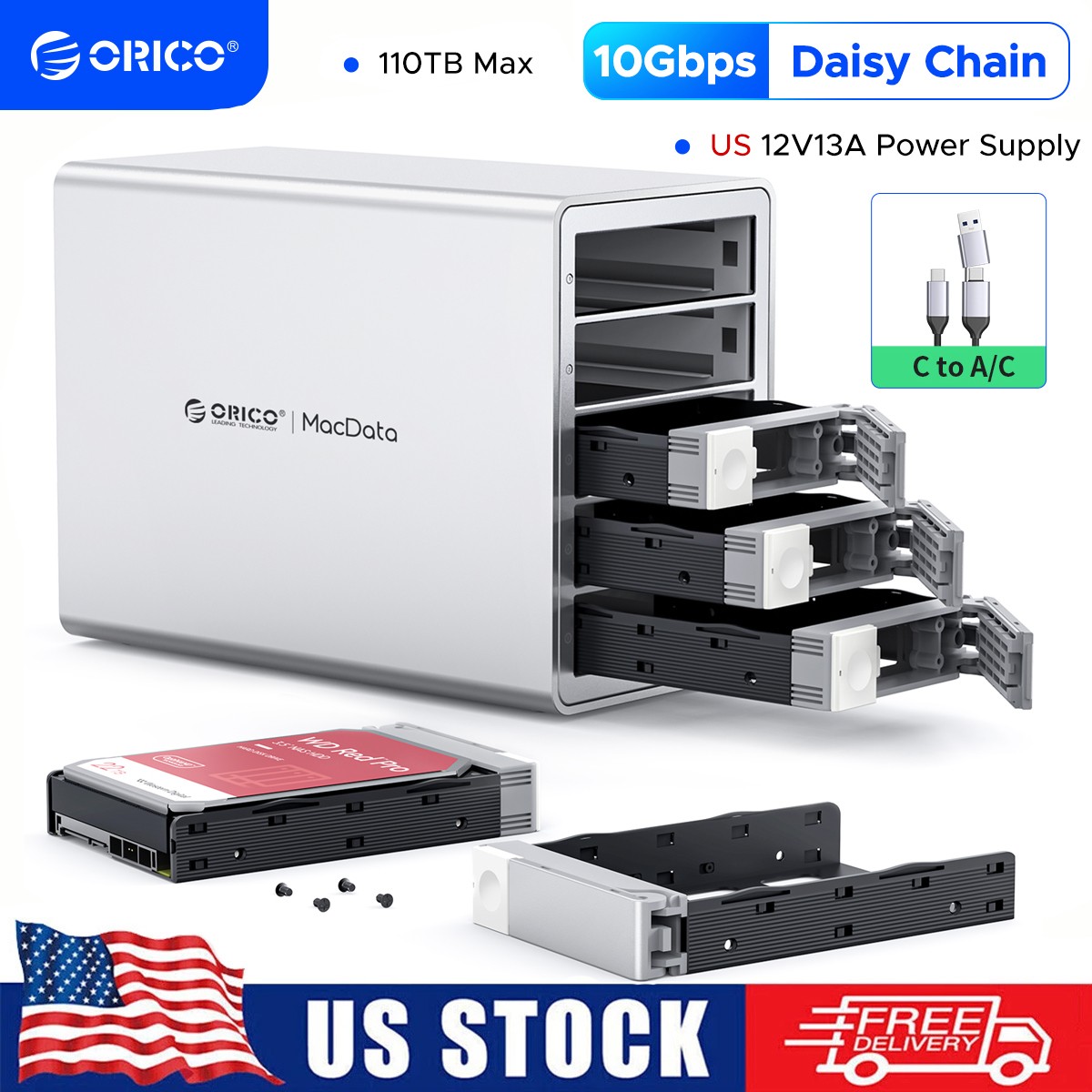 ORICO Daisy Chain 5 Bay Hard Drive Enclosure Alu Das 110TB for 3.5-inchs HDD Fan ORICO Daisy Chain 5 Bay Hard Drive Enclosure Alu Das 110TB for 3.5-inchs HDD Fan