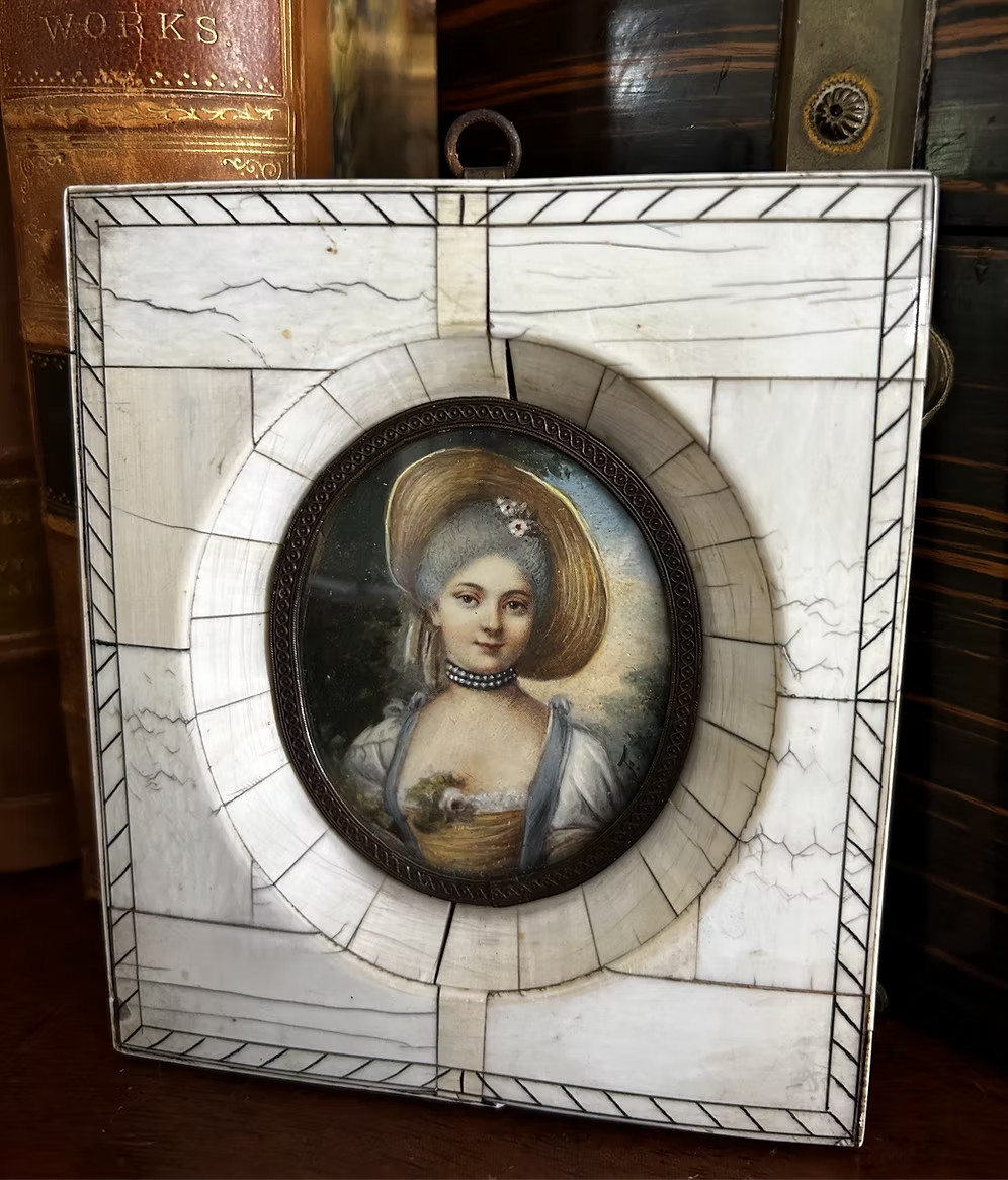 Antique Portrait Miniature in Bone Veneer Frame
