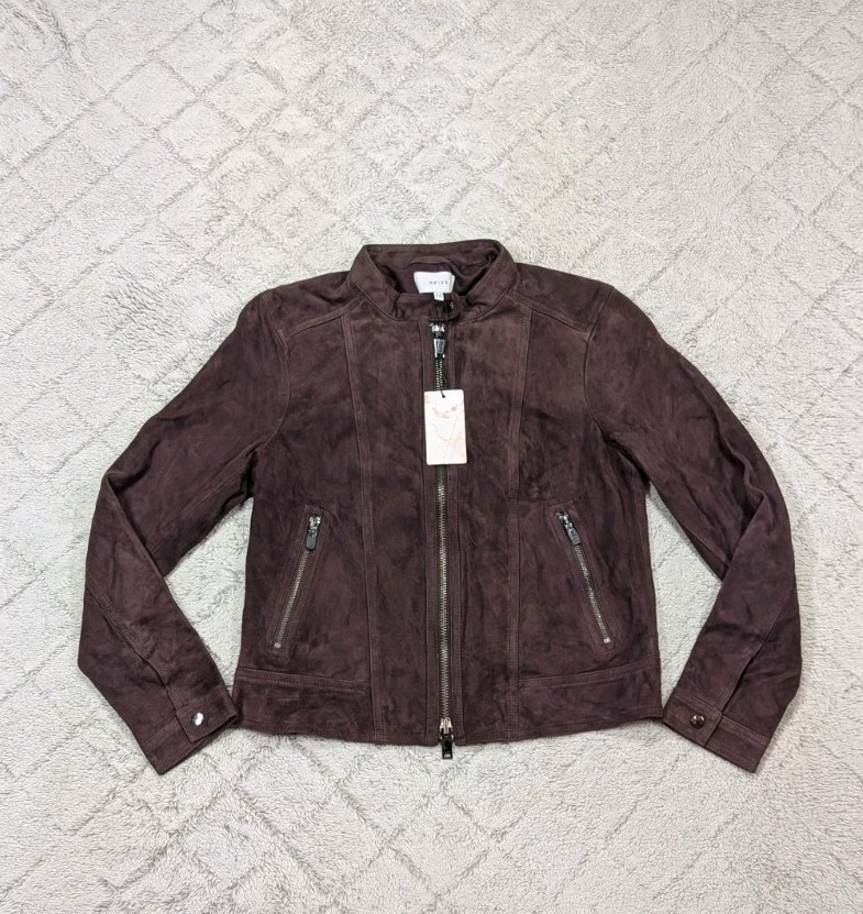 Reiss Jacket Womens 8 Purple Bordeaux Dawn Suede Goat Leather Biker Slim Fit