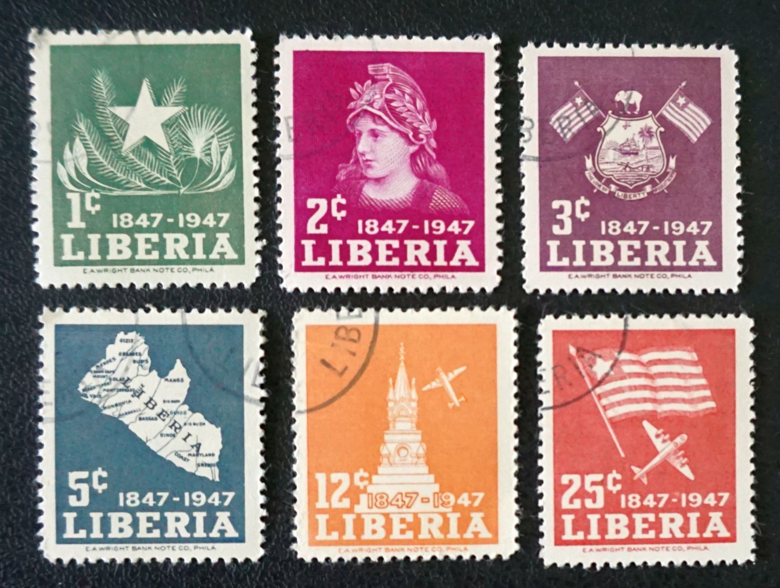 LIBERIA  Sc# 305-308 C58-C59  INDEPENDENCE   Cpl set of 6  1947 used cto