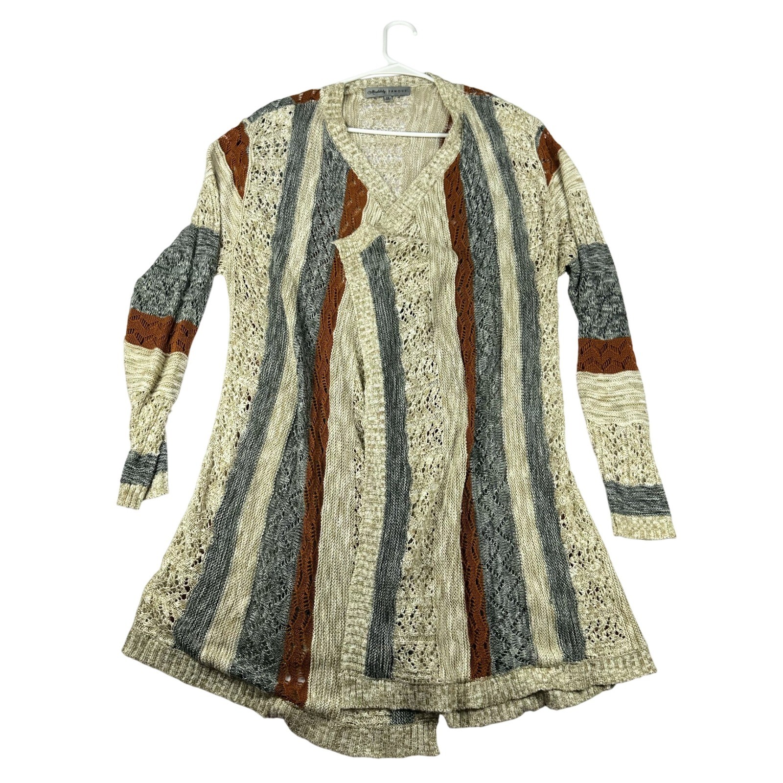 Absolutely Famous Womens 1X Cardigan Sweater Open Front Striped Knit Beige Rust