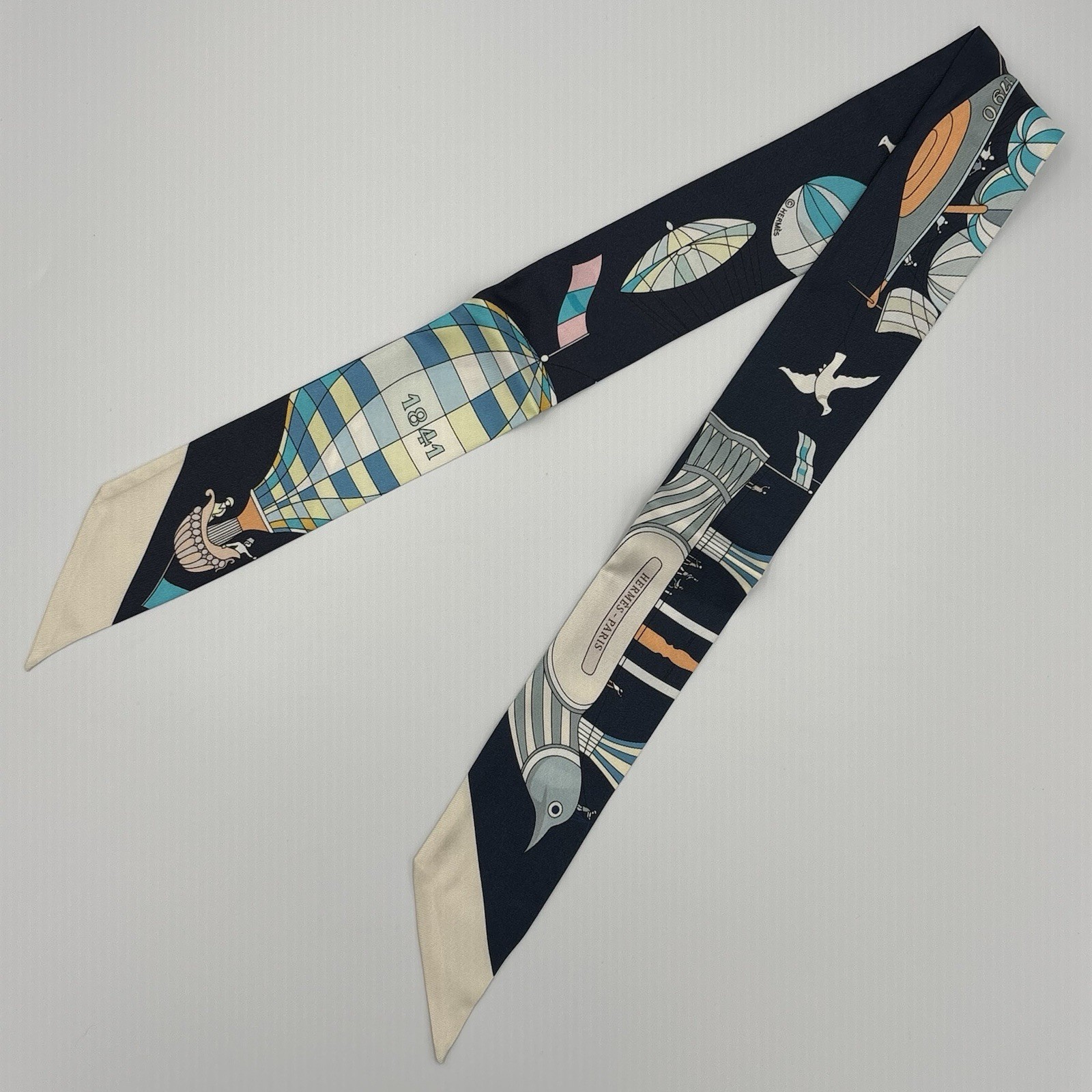 Hermès Twilly Les Folies du Ciel Silk Scarf Navy Black Cream Balloon Scarf 