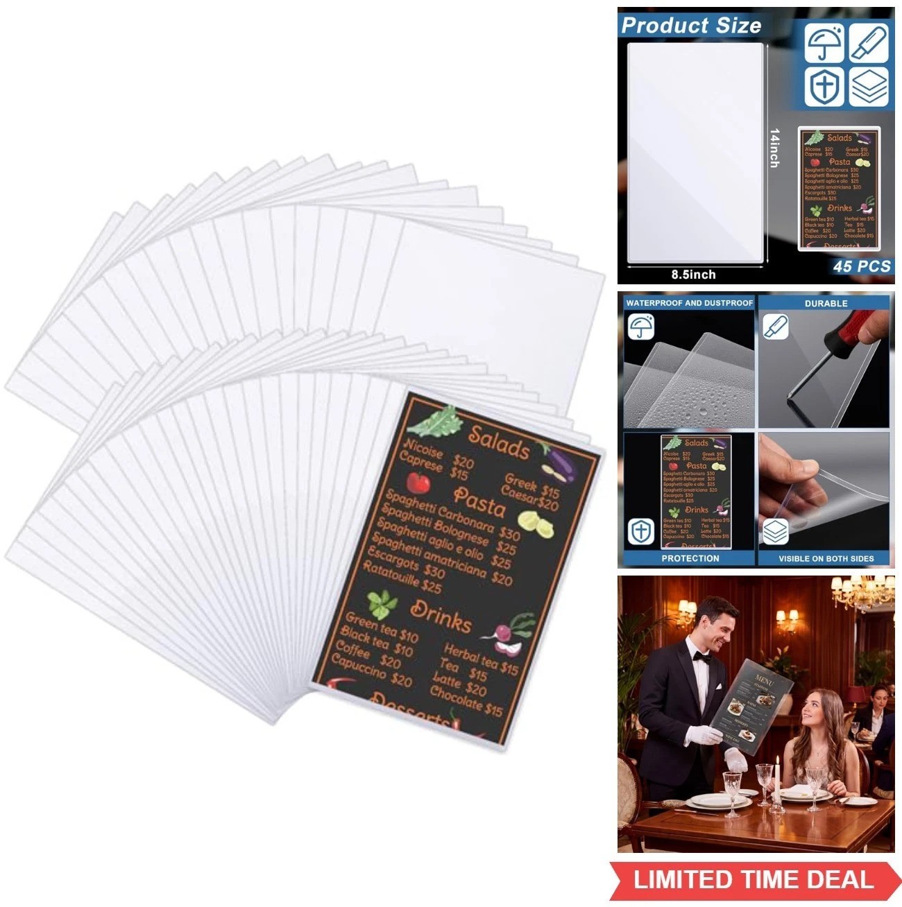 45 Clear Plastic Menu Sleeves Legal Size 8.5 x 14 Rigid Protectors Restaurant