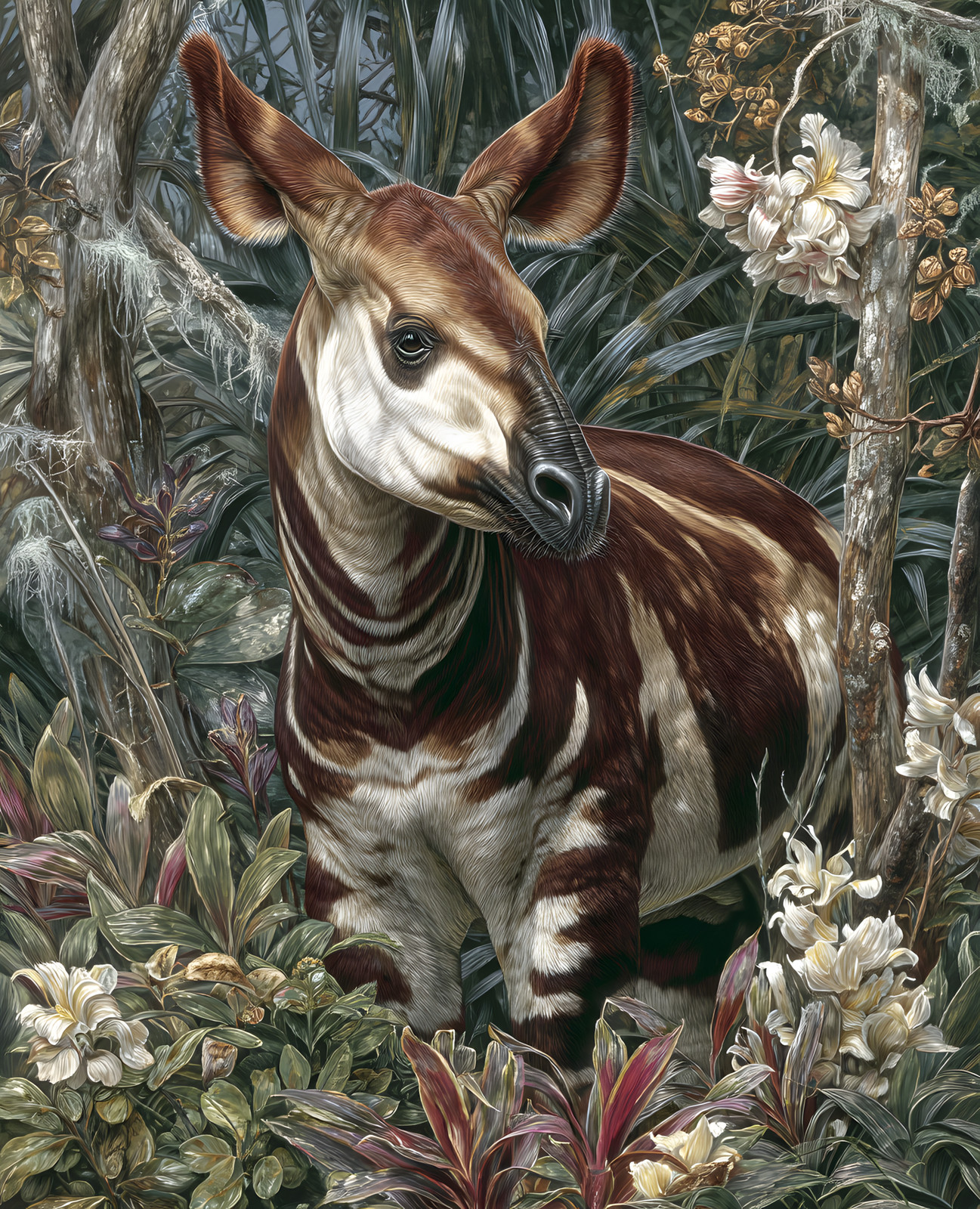 Okapi Standing in Flowering Tropical Forest Print - 346738194