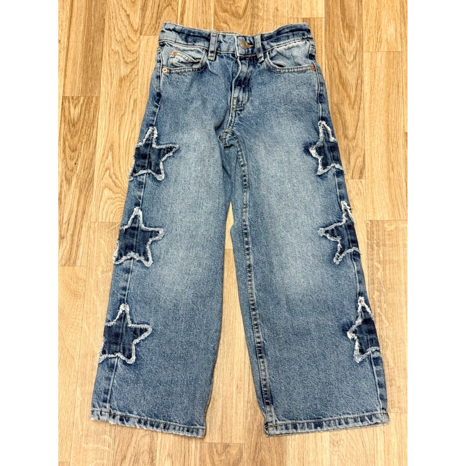 Zara Kids Blue Wide Leg Star Patch Denim Jeans Medium Wash Size 6-7