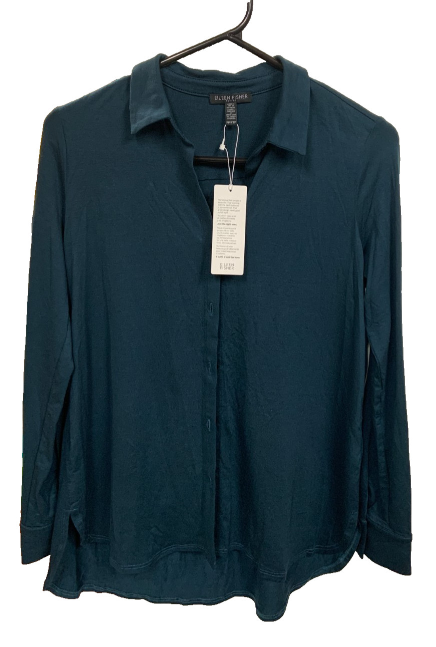 Eileen Fisher Petite PP Black Tencel Lyocell Stretch Long Button Top NWT