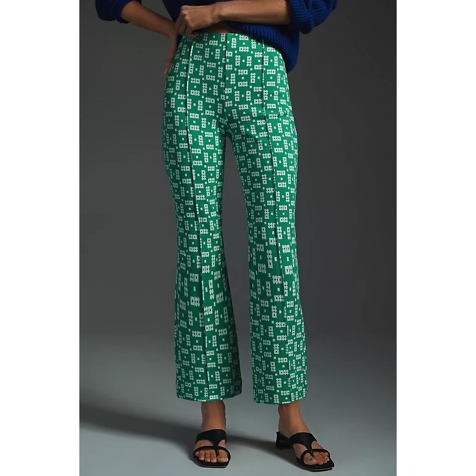 Maeve Anthropologie The Margot Kick Flare Pants Green Geometric Print Size M