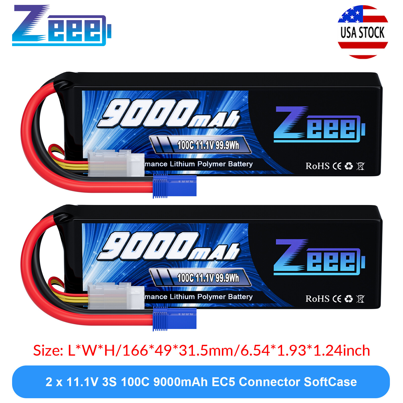 2pcs Zeee 3S LiPo Battery 11.1V 100C 9000mAh EC5 SoftCase for RC Car Truck Tank 2pcs Zeee 3S LiPo Battery 11.1V 100C 9000mAh EC5 SoftCase for RC Car Truck Tank