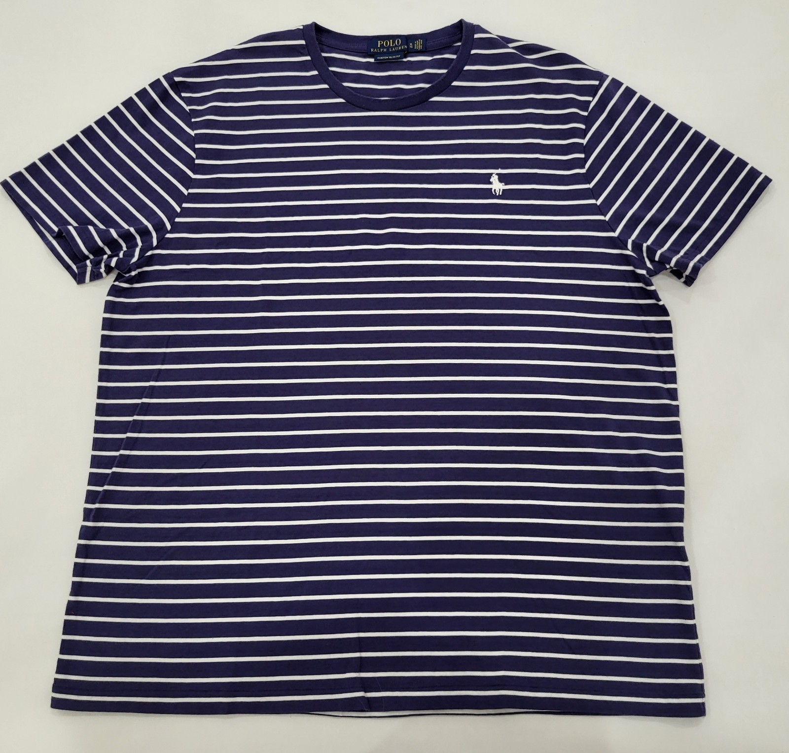 Polo Ralph Lauren Custom Slim Fit Blue/White Striped Logo Crew T-Shirt Mens XL
