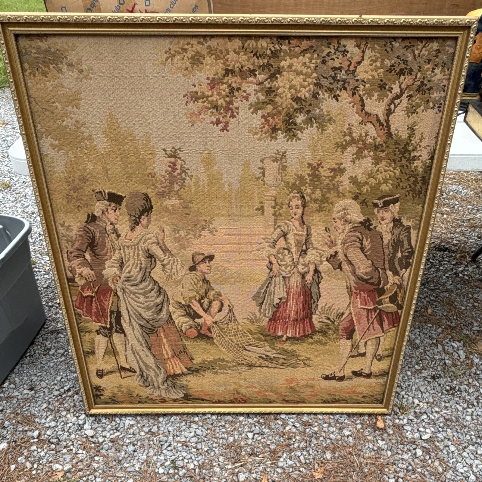 this framed vintage French-style pastoral tapestry 20th Century Collectible
