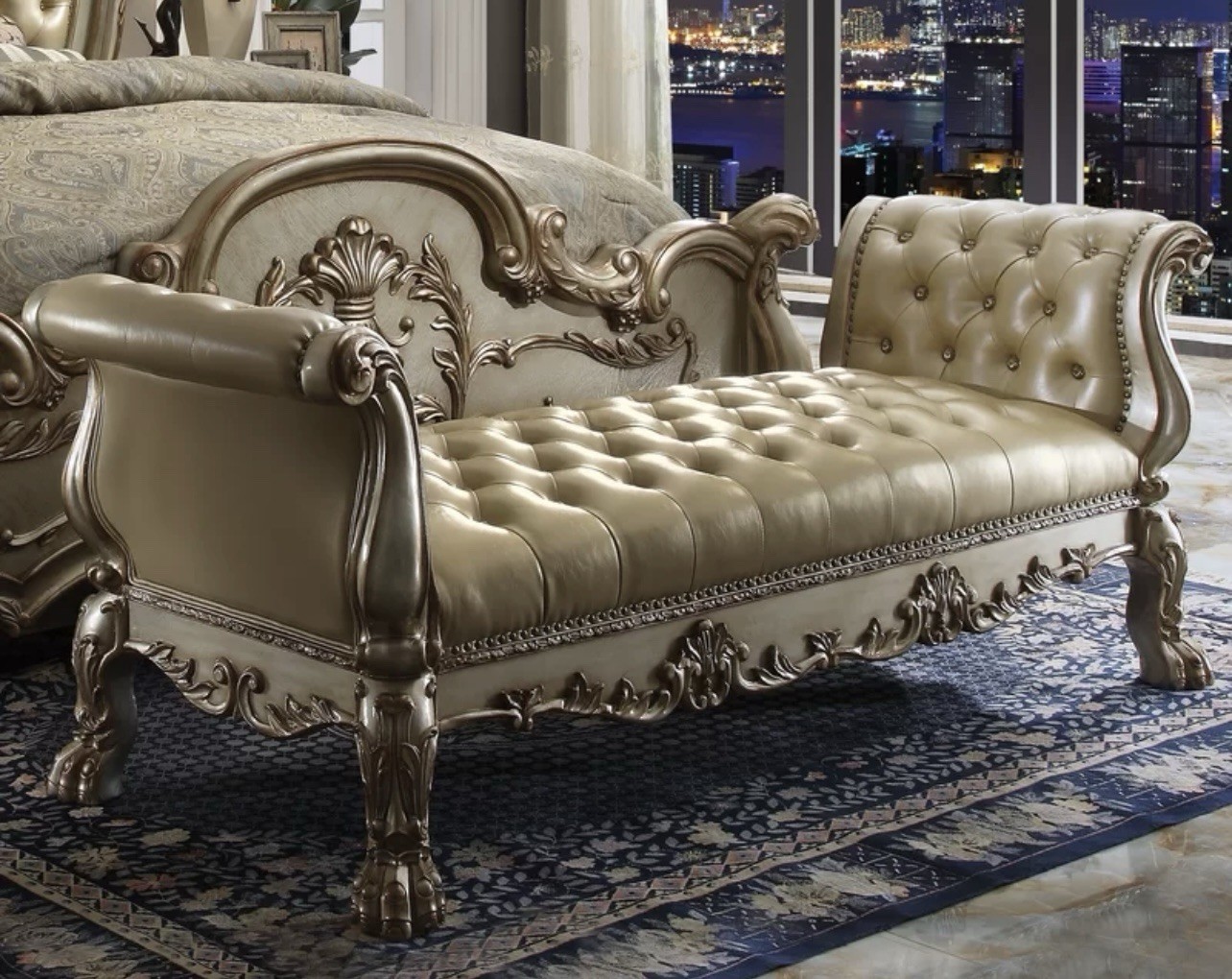Luxury Gold Bronze Bench Traditional Victorian Style Tufted Patina Bone Leather