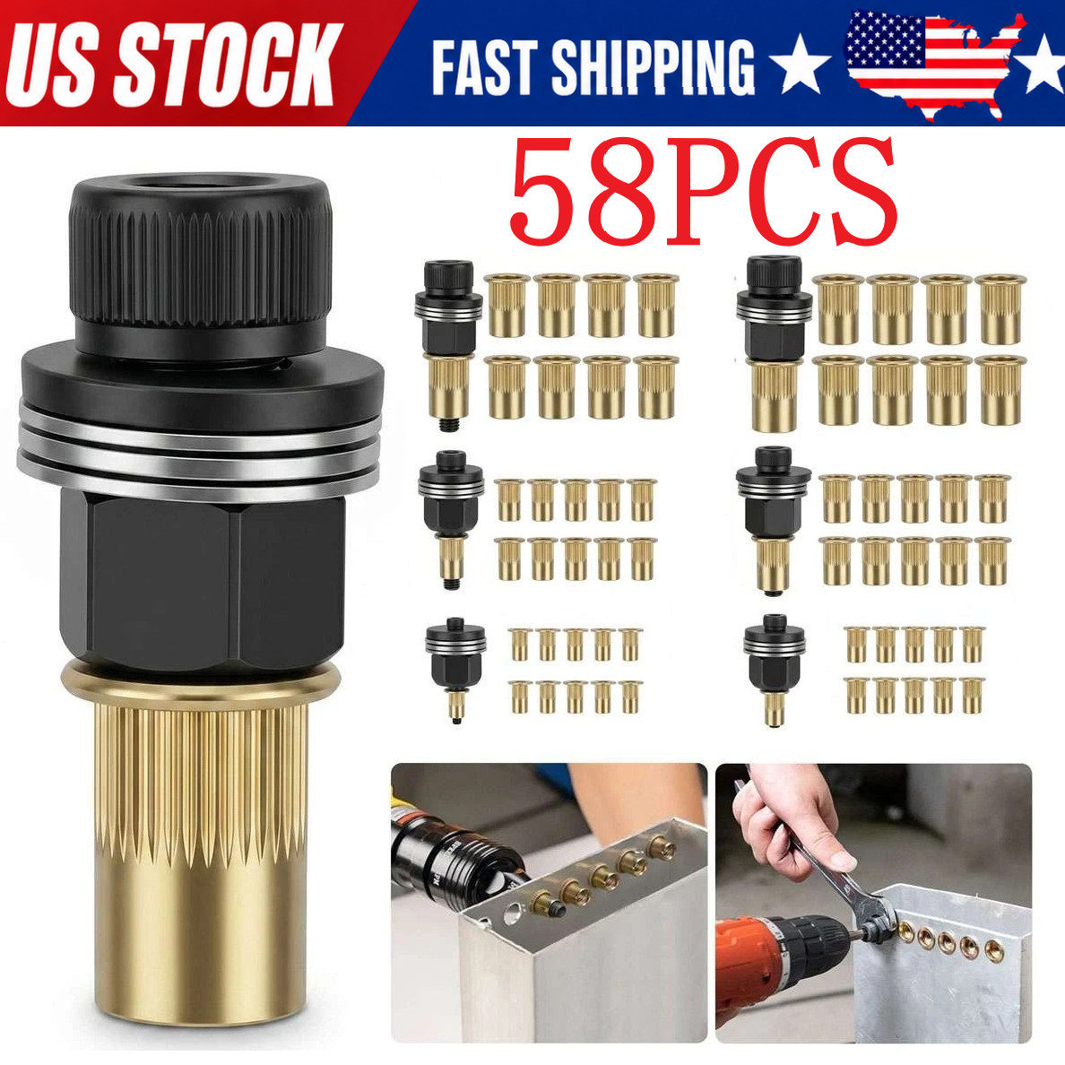 58pcs Manual Rivet Nut Tool Kit M3-M10 Carbon Steel Threaded Inserts Auto & DIY